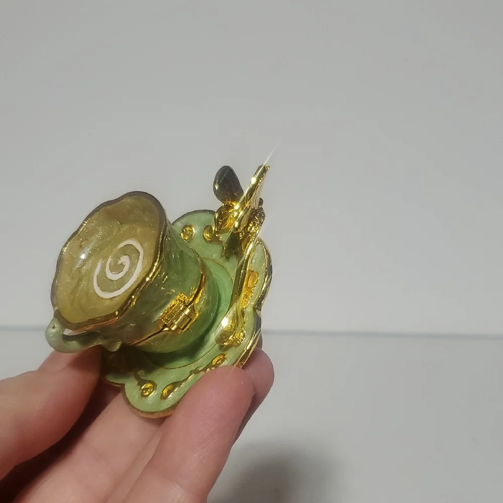 Green and Gold Teacup Trinket Box With Butterfly Spoon Accent - Picture 2 of 8
